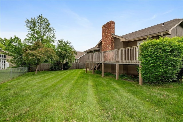 view of yard with a fenced backyard and a wooden deck