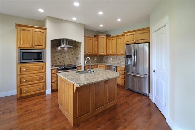 611 NW 1421st Rd, Holden, MO 64040 - kitchen featuring appliances with stainless steel finishes, a sink, a kitchen island with sink, dark wood-type flooring, and recessed lighting