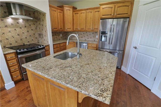 611 NW 1421st Rd, Holden, MO 64040 - kitchen featuring stainless steel appliances, a sink, wall chimney exhaust hood, and dark wood-style flooring