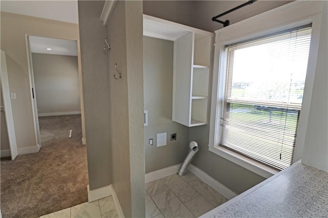 611 NW 1421st Rd, Holden, MO 64040 - bathroom featuring baseboards, healthy amount of natural light, marble look tile flooring, and a shower
