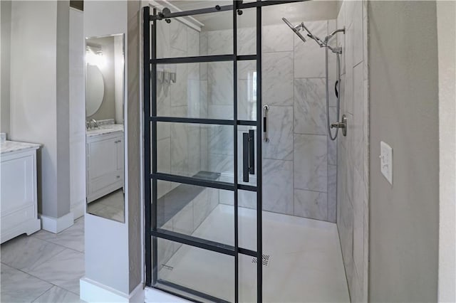 611 NW 1421st Rd, Holden, MO 64040 - full bathroom featuring a stall shower, marble finish flooring, and vanity