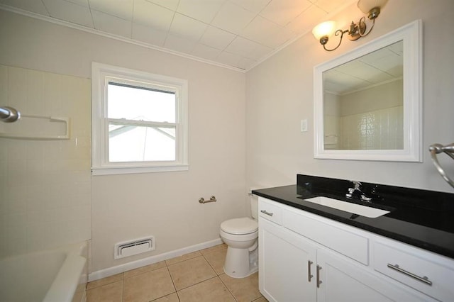 full bathroom with visible vents, toilet, crown molding, vanity, and tile patterned floors