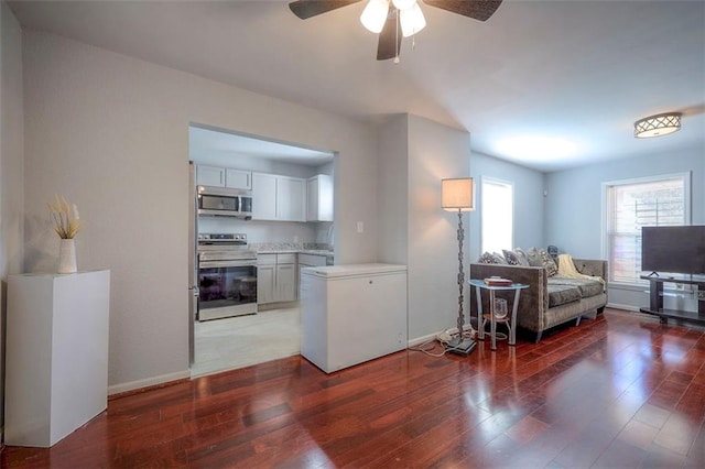 1610 E 37th St, Kansas City, MO 64109 - living room with baseboards, a ceiling fan, and light wood-style flooring