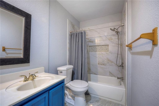 1610 E 37th St, Kansas City, MO 64109 - full bath featuring toilet, a textured wall, vanity, and shower / tub combo with curtain