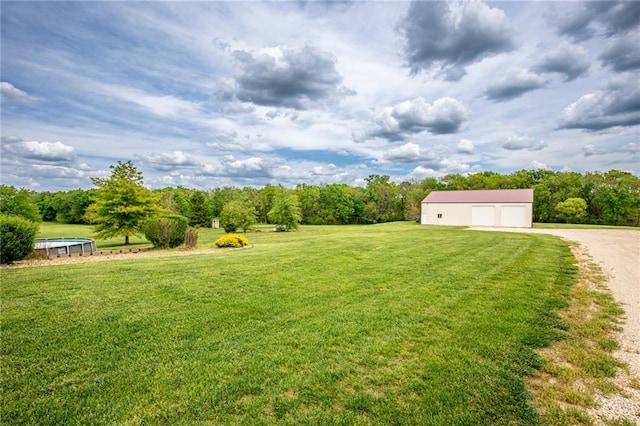 25477 Crestview Dr, Paola, KS 66071 - view of green lawn with an outdoor structure, a detached garage, and driveway