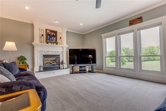 25477 Crestview Dr, Paola, KS 66071 - living room with carpet, crown molding, a fireplace, recessed lighting, and baseboards