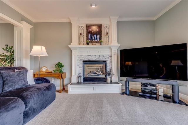 25477 Crestview Dr, Paola, KS 66071 - carpeted living area with crown molding, a tiled fireplace, and baseboards