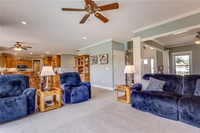25477 Crestview Dr, Paola, KS 66071 - living room with a ceiling fan, carpet flooring, ornamental molding, recessed lighting, and baseboards