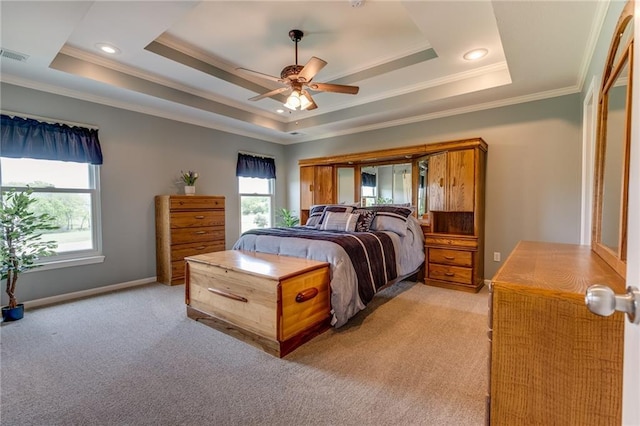 25477 Crestview Dr, Paola, KS 66071 - bedroom featuring light carpet, ornamental molding, a raised ceiling, recessed lighting, and ceiling fan