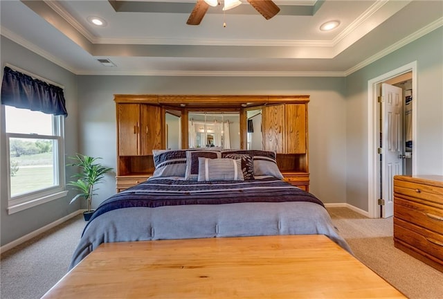 25477 Crestview Dr, Paola, KS 66071 - bedroom with a raised ceiling, carpet floors, ornamental molding, baseboards, and a ceiling fan