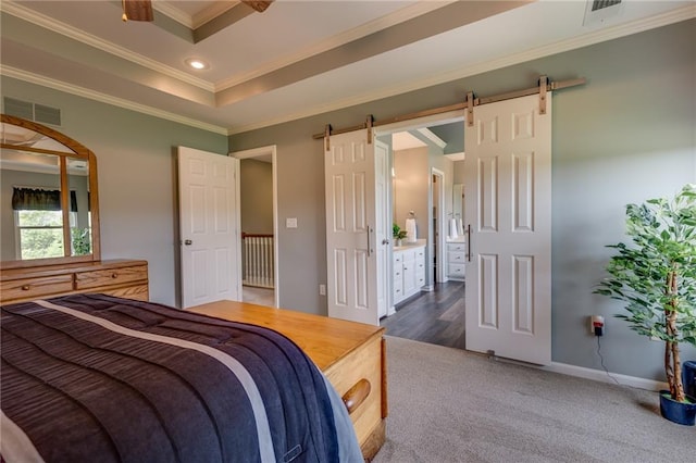 25477 Crestview Dr, Paola, KS 66071 - carpeted bedroom with a barn door, crown molding, baseboards, connected bathroom, and a raised ceiling