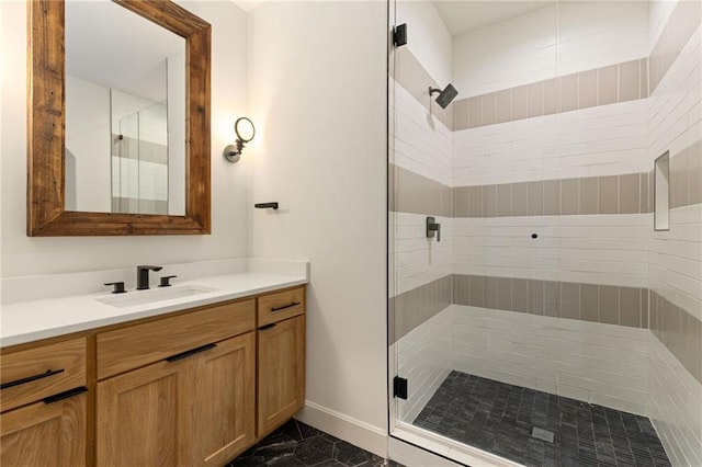 11316 W 170th Ter, Overland Park, KS 66221 - bathroom featuring a stall shower, vanity, marble finish flooring, and baseboards