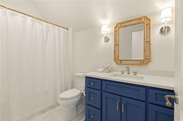 11316 W 170th Ter, Overland Park, KS 66221 - full bathroom featuring toilet, vanity, lofted ceiling, tile patterned floors, and a shower with shower curtain