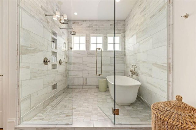 11316 W 170th Ter, Overland Park, KS 66221 - bathroom with a freestanding bath, a shower stall, tile walls, and recessed lighting