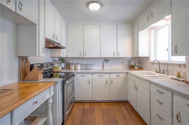 626 N 83rd Ter, Kansas City, KS 66112 - kitchen with tasteful backsplash, electric stove, a sink, light countertops, and under cabinet range hood