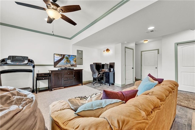 1237 Hillmann Ln, Warrensburg, MO 64093 - living room featuring electric panel, a desk, wood finished floors, ceiling fan, and crown molding
