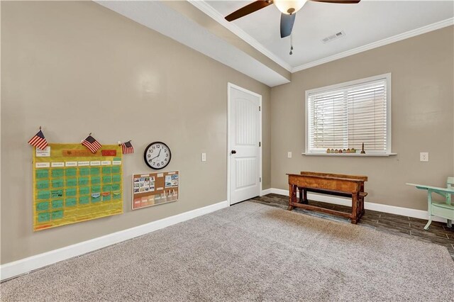 1237 Hillmann Ln, Warrensburg, MO 64093 - carpeted empty room featuring ornamental molding and a ceiling fan