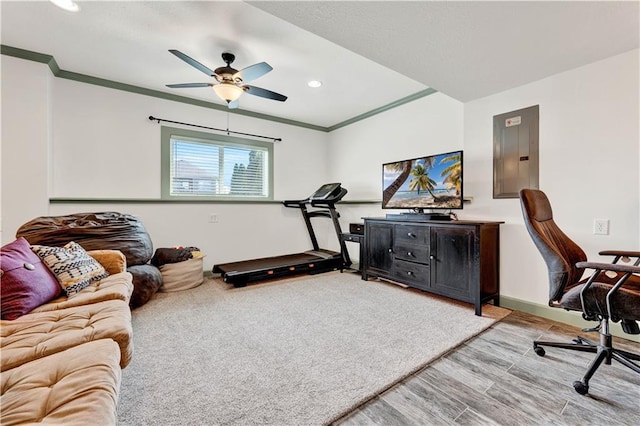 1237 Hillmann Ln, Warrensburg, MO 64093 - office space featuring electric panel, ornamental molding, a ceiling fan, wood finished floors, and recessed lighting