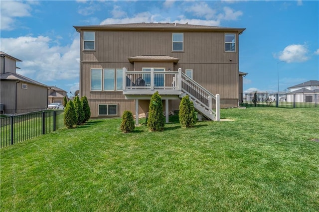 1237 Hillmann Ln, Warrensburg, MO 64093 - rear view of house featuring stairway, a fenced backyard, and a wooden deck