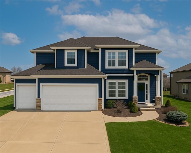 1237 Hillmann Ln, Warrensburg, MO 64093 - view of front of house featuring stone siding, driveway, a front yard, and an attached garage