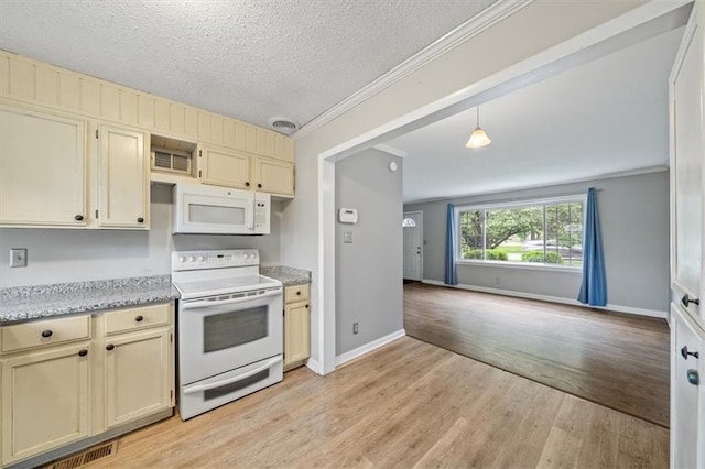 2015 Somerset Dr, Prairie Village, KS 66206 - kitchen featuring white appliances, cream cabinets, open floor plan, ornamental molding, and light wood-style flooring