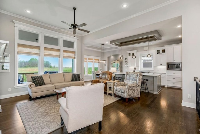 1904 NE 114th Ter, Kansas City, MO 64155 - living area with crown molding, a ceiling fan, recessed lighting, a raised ceiling, and dark wood-style floors
