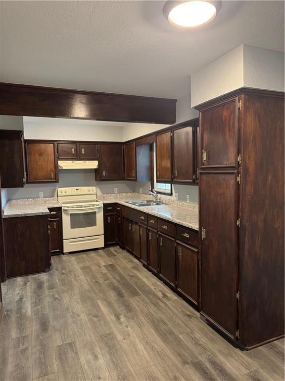 616 Prospect St, Excelsior Springs, MO 64024 - kitchen with a sink, white electric range oven, under cabinet range hood, and dark wood-style flooring