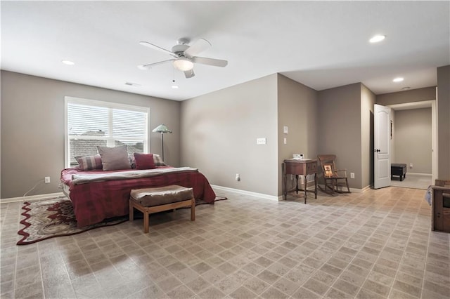 bedroom with visible vents, baseboards, recessed lighting, and ceiling fan
