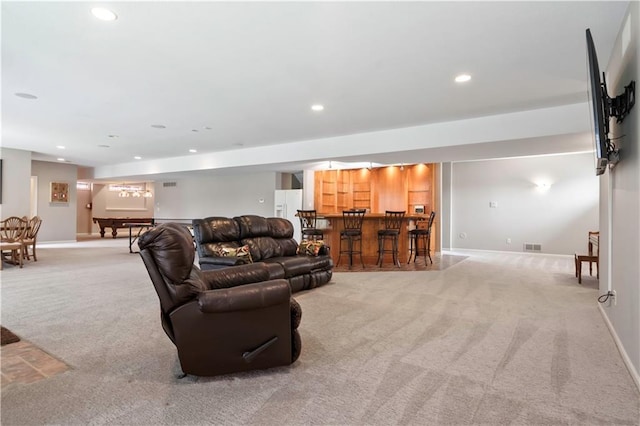 living area featuring baseboards, a dry bar, billiards, recessed lighting, and light carpet
