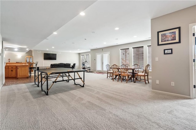 game room featuring light colored carpet, baseboards, and recessed lighting
