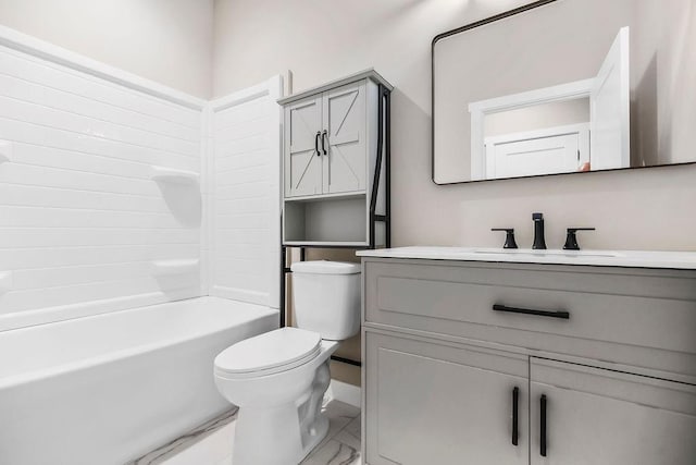 284 SW 1311th Rd, Holden, MO 64040 - full bath featuring vanity, marble finish floors, toilet, and washtub / shower combination