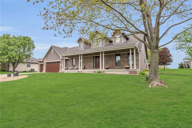 cape cod home with a shingled roof, a front lawn, brick siding, a garage, and a porch