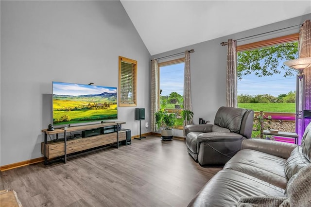 living room featuring plenty of natural light, baseboards, wood finished floors, and high vaulted ceiling