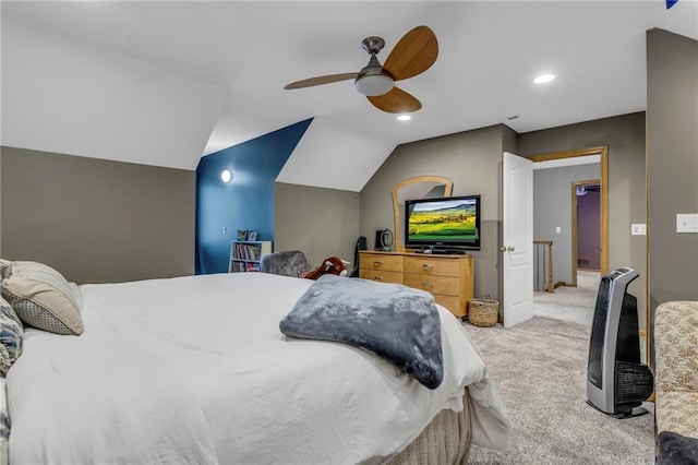 bedroom with recessed lighting, ceiling fan, vaulted ceiling, and light carpet