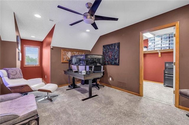 carpeted office with a healthy amount of sunlight, ceiling fan, and visible vents
