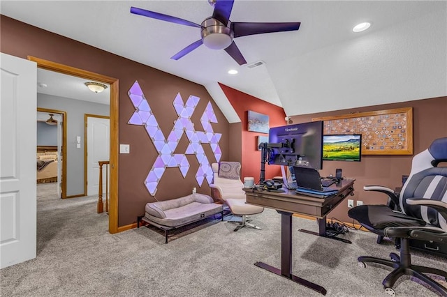 carpeted home office with visible vents, baseboards, recessed lighting, a ceiling fan, and vaulted ceiling