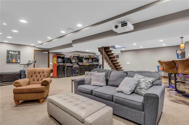 living room with bar, recessed lighting, and light colored carpet