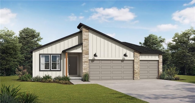 modern farmhouse featuring board and batten siding, an attached garage, a front lawn, and concrete driveway