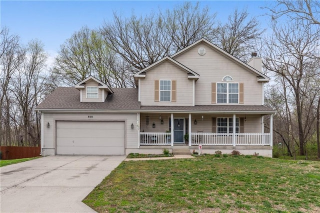 808 S Mohican Dr, Independence, MO 64056 - view of front of property featuring driveway, an attached garage, a front yard, a porch, and a shingled roof