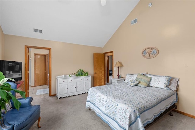 808 S Mohican Dr, Independence, MO 64056 - bedroom featuring high vaulted ceiling, visible vents, and light colored carpet