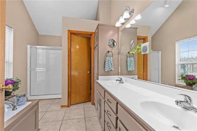 808 S Mohican Dr, Independence, MO 64056 - bathroom with tile patterned flooring, vaulted ceiling, a sink, and a stall shower