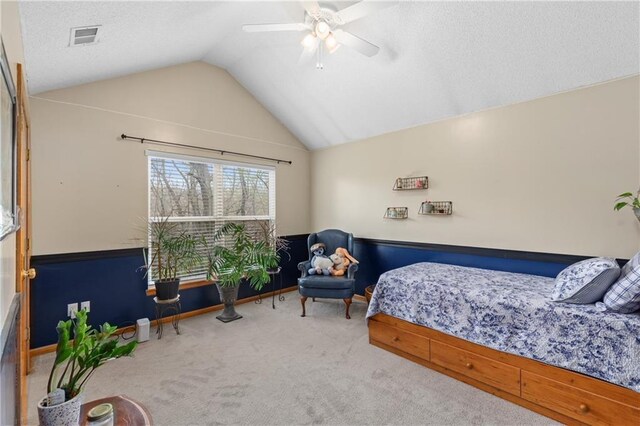 808 S Mohican Dr, Independence, MO 64056 - bedroom featuring visible vents, baseboards, a ceiling fan, carpet, and lofted ceiling
