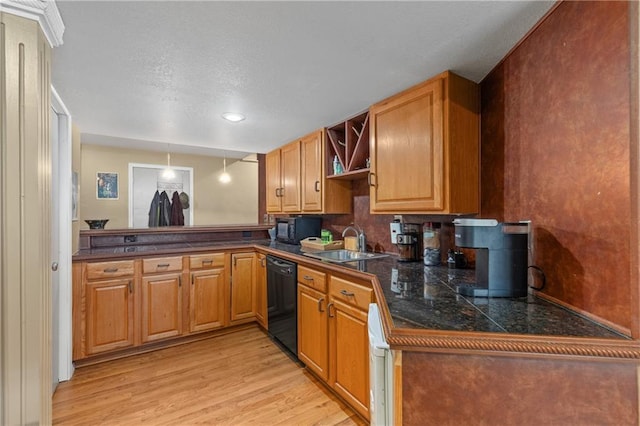 808 S Mohican Dr, Independence, MO 64056 - kitchen featuring tile countertops, light wood-style flooring, open shelves, black appliances, and a sink