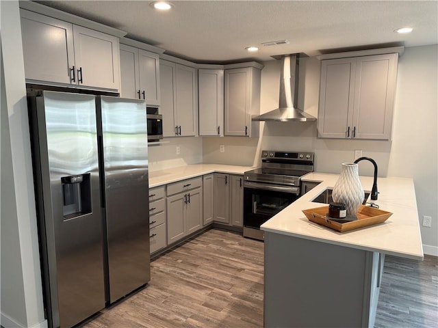 kitchen with wall chimney range hood, gray cabinets, appliances with stainless steel finishes, a peninsula, and dark wood-type flooring