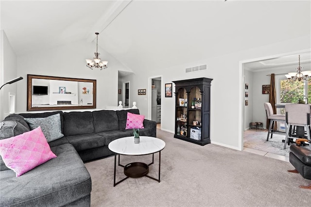 living area with visible vents, light colored carpet, baseboards, lofted ceiling with beams, and a chandelier