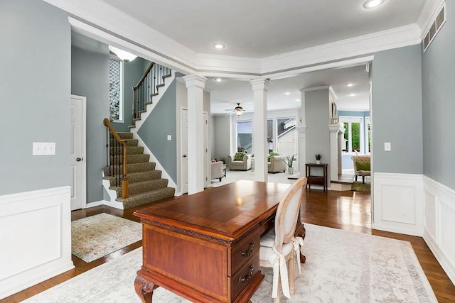 9011 NE 91st Ter, Kansas City, MO 64157 - home office featuring decorative columns, dark wood finished floors, ceiling fan, ornamental molding, and recessed lighting