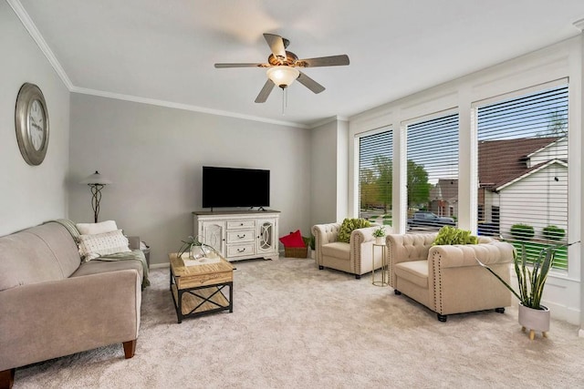 9011 NE 91st Ter, Kansas City, MO 64157 - living area with ceiling fan, light colored carpet, ornamental molding, and baseboards