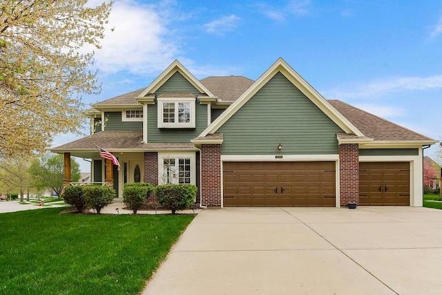 9011 NE 91st Ter, Kansas City, MO 64157 - craftsman-style house featuring a garage, driveway, a front yard, brick siding, and roof with shingles