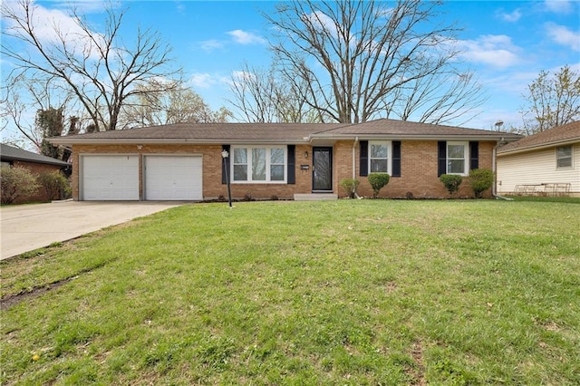108 W Walnut St, Blue Springs, MO 64015 - ranch-style home with a garage, a front yard, driveway, and brick siding