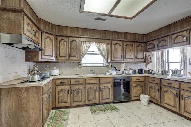 2301 S Stilwell St, Pittsburg, KS 66762 - kitchen featuring dishwasher, a sink, light countertops, under cabinet range hood, and backsplash